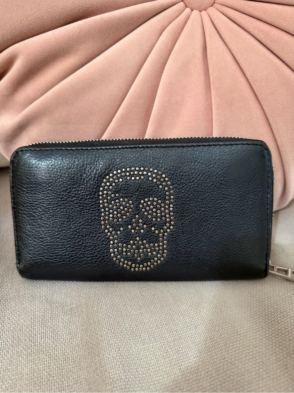 Zadig & Voltaire Black Leather Studded Skull Zip Around Wallet